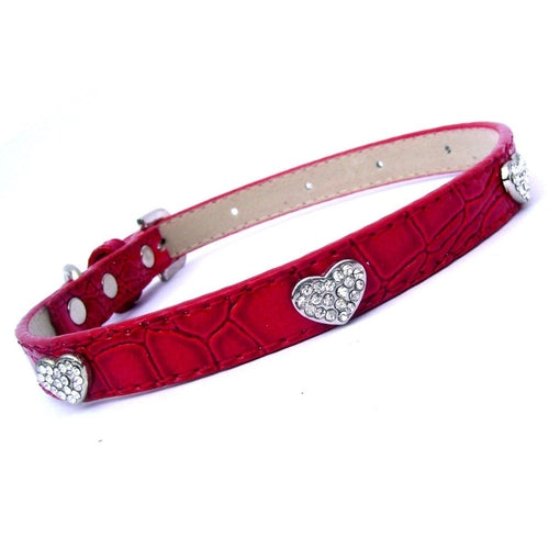 Luxury Red Croc Dog Collar with Crystal Heart Charms